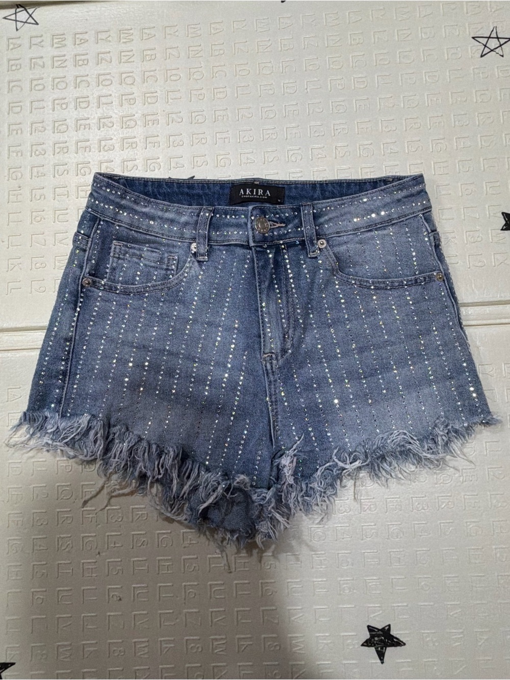 AKIRA Blue Denim Rhinestone Frayed-Hem Shorts